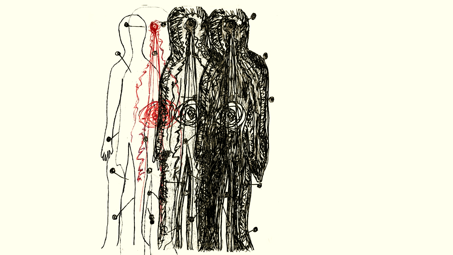 Image extraite du film « Chroniques hospitalières », dessin au trait de trois silhouettes.