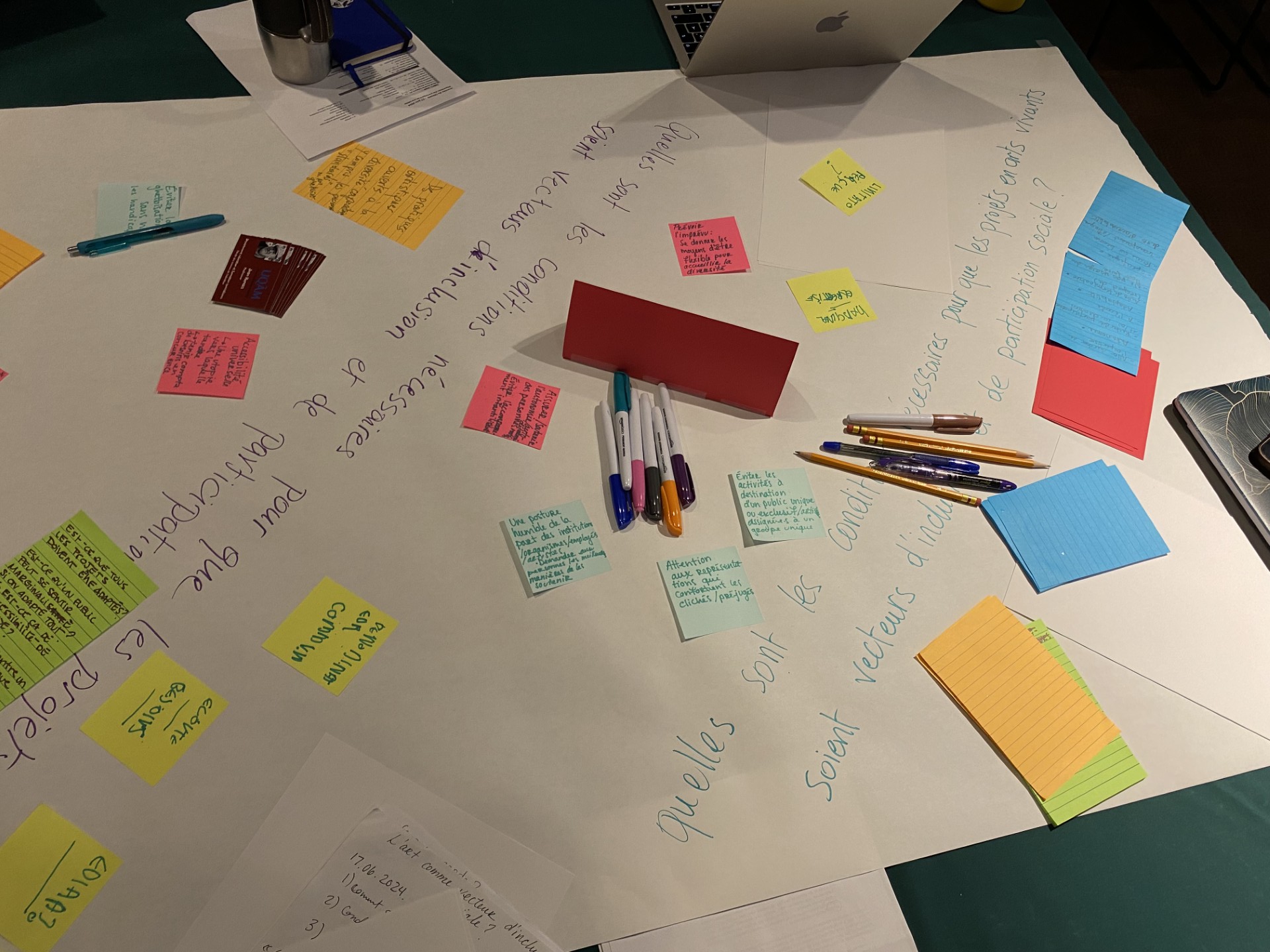 Lors de l'événement «  L'art vivant comme vecteur d'inclusion sociale », vue plongeante sur un grand papier blanc, avec des questions écrites dessus, et sur lequel sont collés des post-it de différentes couleurs. 